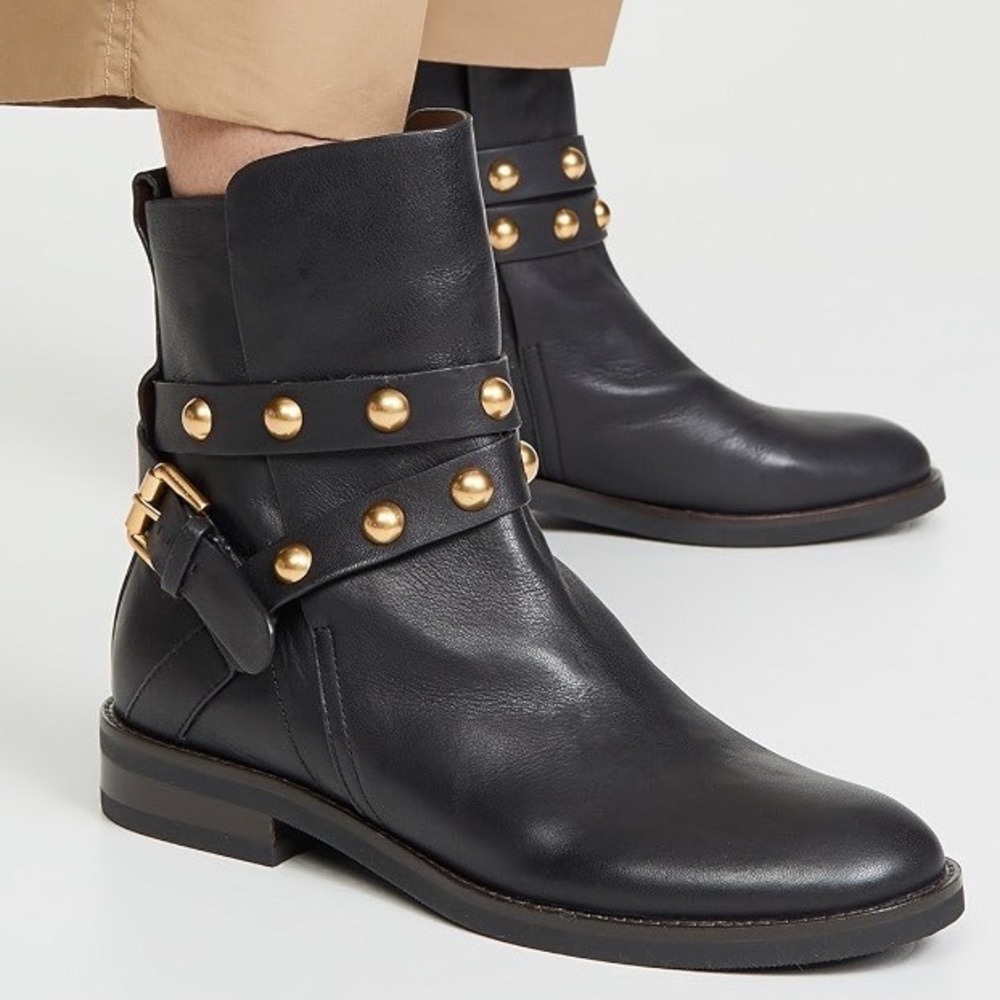 See By Chloe Black Leather Studded Buckle Ankle Boots Size 38 Gold Hardware